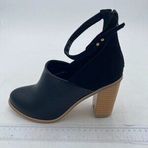 FSJ Black Pointed Toe Pumps Buckle Ankle Strap Chunky Heels Elegant Shoes